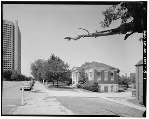 In context, from south facing north, along Luckie Street. - Clark Howell Homes, Anne Wallace Branch Carnegie Library, 538 Luckie Street, Atlanta, Fulton County, GA