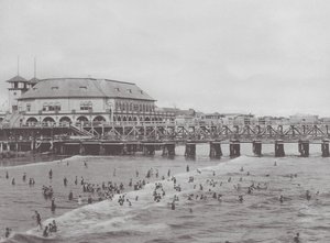 Long Beach, California: Municipal Auditorium and Bathing Scene by American Photographer