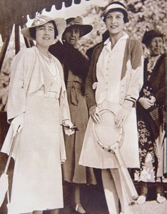 Mrs Helen Wills Moody (right) the American tennis champion, meets the Duchess of York at the All-England Club at Wimbledon during the Lawn Tennis Championship in 1935 by American Photographer
