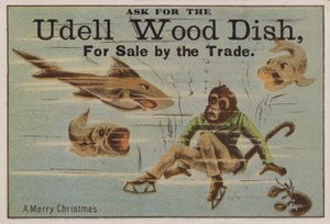 A Merry Christmas, Trade Card Advertising Udell Wood Dishes by American School