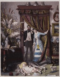 American Couple Looking at Their Daughter Asleep on the Dog by American School