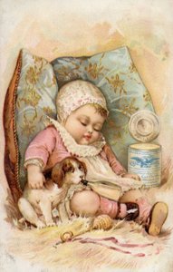 Baby with Puppy Drinking from Bottle, Advertisement for Preserved Milk by American School