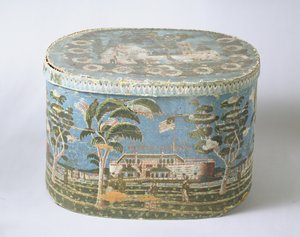 Bandbox Covered with Block-Printed Paper Showing View of Castle by American School