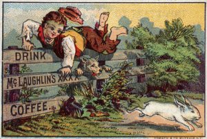 Boy and dog, chasing rabbit by American School