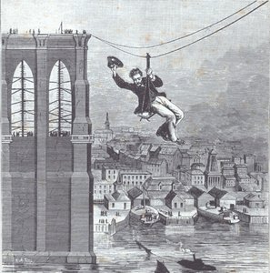 Brooklyn Bridge Under Construction; Mr. Farrington, Chief Construction Supervisor, is First to Cross the Span Between the Two Pylons on 25 August 1876