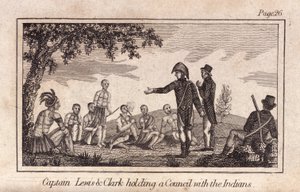 Captain Lewis & Clarke holding a Council with the Indians, pub. 1812 (engraving) by American School