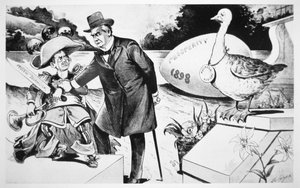 Cartoon depicting President Mckinley trying to hush the 