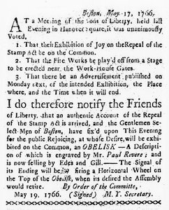 Celebration of the Repeal of the Stamp Act, from the Boston Gazette, 19th May, 1766