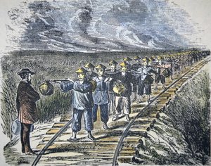 Charles Crocker and his Chinese workforce constructing the Central Pacific Railroad, completed 1869 by American School