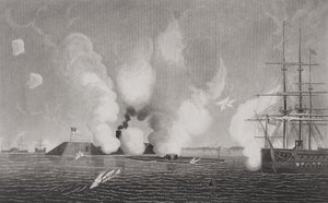 Combat between the Confederate CSS Virginia and the Union USS Monitor on March 9th 1862 at Hampton Roads, Virginia