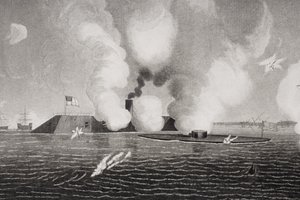 Combat Between the Confederate CSS Virginia and the Union USS Monitor on March 9th 1862 at Hampton Roads, Virginia (detail) by American School