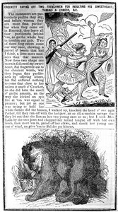 Davy Crockett Paying off Two Frenchmen for Insulting His Sweetheart, Taming a Lioness, etc., illustration from Crocketts Almanack