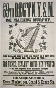 Federal recruiting poster for 69th Regiment, appealing to Irish immigrants