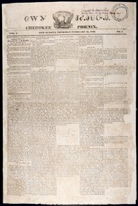 Front Page from the Cherokee Phoenix, 21st February, 1828
