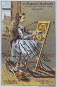 Girl using a knitting machine by American School