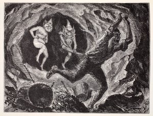 Gnomes Terrifying a Miner, from The World Guide to Gnomes, Fairies, Elves and Other Little People by Thomas Keightley, Published 1880 by American School