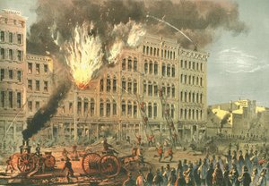 Great Fire on Lake Street, from Chicago Illustrated, with Literary Descriptions by James W. Sheahan, Published by Jevne & Almini, Chicago by American School
