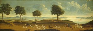 Hunting scene with a harbour by American School