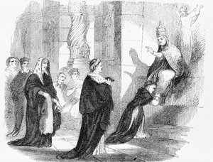 Illustration from an Anti-Catholic pamphlet showing a priest kissing the robes of the Pope