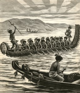Illustration of Maori Warriors in Canoes