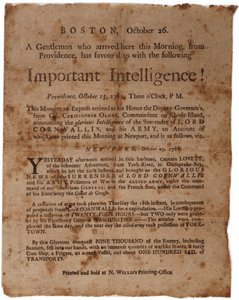 Important Intelligence! (Announcing the Surrender of Cornwallis at Yorktown), Small Broadside Printed by M. Willis, Boston, 26th October 1781 by American School