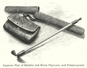 Japanese Pipe of Bamboo and Brass, Pipe-case, and Tobacco-pouch by American School