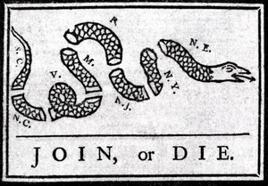 Join or Die, drawing, considered the first political cartoon, published in the Pennsylvania Gazette by Benjamin Franklin in 1754. It represents a snake divided into several sections with the legend 
