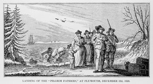 Landing of the Pilgrim Fathers at Plymouth on Cape Cod, Massachusetts, December 22nd 1620, printed in History and Antiquity of New England, New York, 1842 by American School
