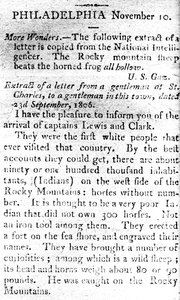 Letter announcing the arrival of captains Lewis and Clark, from The Boston Intelligencer, 19th November 1806