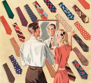 Man Straightens His Tie in the Mirror Amid a Display of Many Men