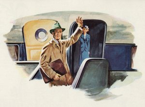 Man Waves Goodbye as He Boards an Airplane by American School