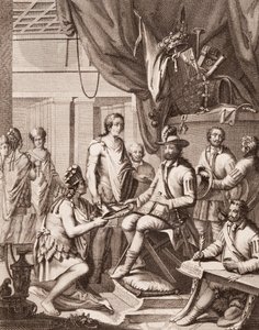 Montezuma Handing Over His Empire to the King of Spain, Giving Him a Tribute and Pledging His Obedience, from Antonio de Solis y Rivadeneira