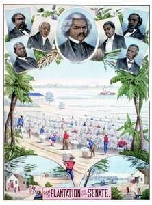 Plantations in the Senate: illustration depicting black workers in cotton plantations and black senators in the southern United States.