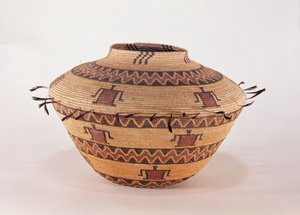 Pomo feather trimmed storage basket, from California