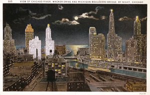 Postcard of Chicago by night, c.1930 by American School