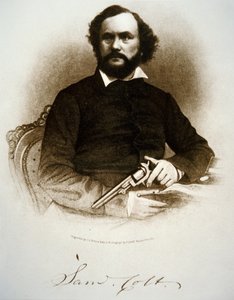 Samuel Colt holding one of his percussion revolvers by American School