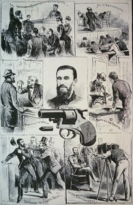 Scenes from the life of assassin Charles Jules Guiteau and the gun he used to kill President James A. Garfield
