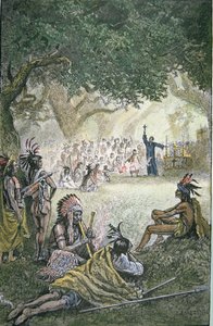 Spanish Jesuit Missionaries converting Native Americans in California in the 17th century by American School