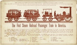 The First Steam Railroad Passenger Train in America, Published c.1870 (colour woodcut) by American School