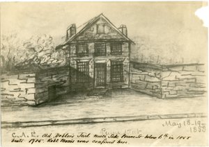 The Old Debtors Jail, Side of Prune St. below 6th, illustration from the Castner Scrapbook, 1858 by American School