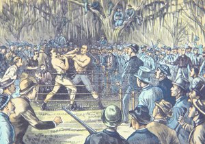 The last bare knuckle boxing championship fight in 1889, John L. Sullivan v. Jake Kilrain at Richburg, Mississippi
