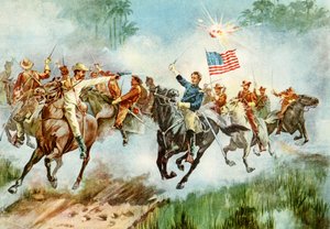 U.S. Rough Riders stampeding a Spanish outpost in Cuba during the Spanish-American War, 1898