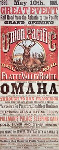 Union Pacific Railroad poster advertising the first transcontinental railroad across the USA by American School
