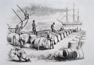 Whalers gauging oil in barrels, from The American Whale Fishery, c.1850