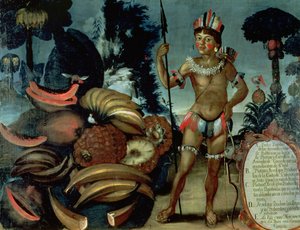 Yumbo Indian from the neighbourhood of Quito, Ecuador, with various fruits and trees by American School