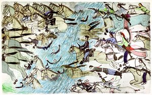 American Cavalry Retreating Across a River Pursued by Native American Warriors, c1900