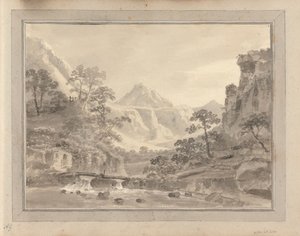 Views in England, Scotland and Wales; Tour in Scotland: Mountainous landscape with bridge by Amos Green