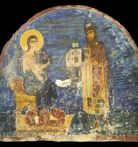Grand Prince Yaroslav II Vsevolodovich with model of the Nereditsa Church before Christ, 12th century by Ancient Russian frescos