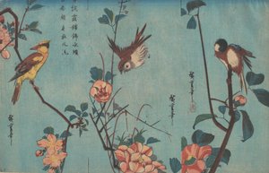 Titmouse and Camellias, Sparrow and Wild Roses, and Black-naped Oriole, ca. 1833 by Ando Hiroshige