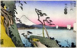 Yui, view of Fuji, snow covered, from Satta-toge, overlooking Saruga Bay. (17th station). Woodcut by Hiroshige in: Fifty Three Stations of the Tokaido (1833-1834). Postcard, Japan, c.1900